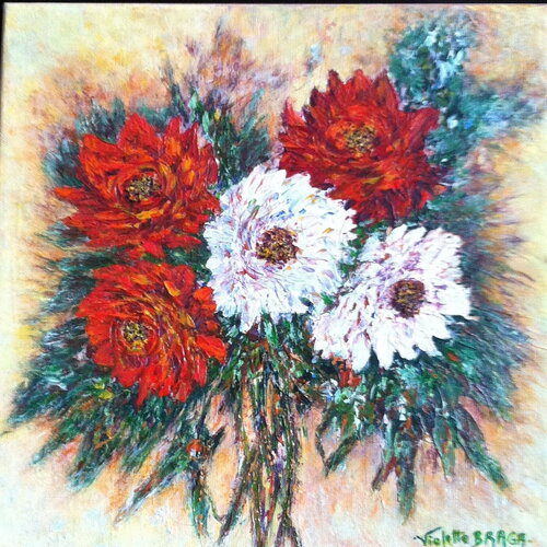 Tableau fleurs du jardin peint acrylique et spatule sur toile 3d-art semi-abstrait-fleurs rouges blanc empatées-art floral á suspendre