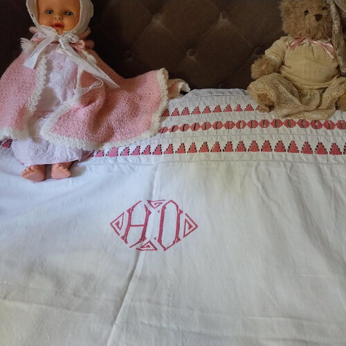 Drap ancien de lit brodé monogramme ho métis-lin drap occasion rare brodé crochet rose-blanc-linge de lit rare superbe romantic