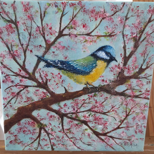 Oiseau sur cerisier en fleurs au printemps peinture à l huile sur toile-décor floral-impressionnisme