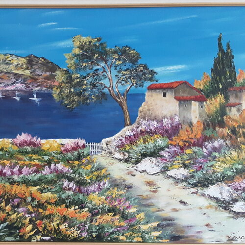 Paysage art cotier mediterrannée huile sur toile-art marine-paysage de provence pin palmier fleurs-original-ornement d intérieur pour salon