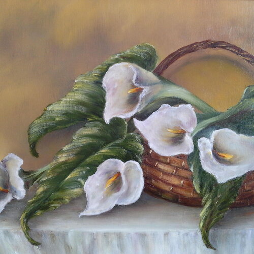 Tableau peinture fleurs blanches arums huile sur toile-nature morte arums blancs cadeau mariage-impressionnisme-art décor floral féminin