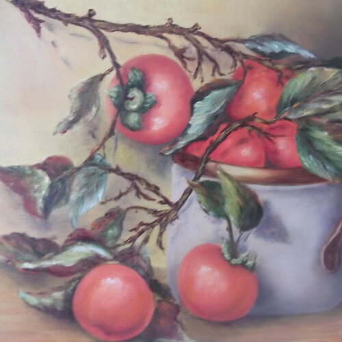 Peinture fruits automne huile de kakis sur toile-nature morte kakis-tableau décor cottage-décor cuisine champétre-cadeau féte des mères