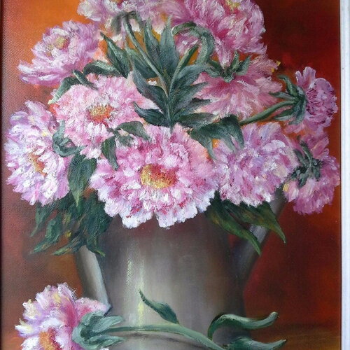 Tableau pivoines peinture huile sur toile-nature morte pivoines-bouquet fleur rose jardin cottage-art figuratif mural-cadeau fétedes méres