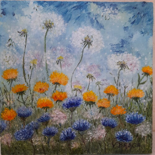 Tableau prairie huile sur toile fleurs des champs-petit art floral dandelions contemporain-décor mural-cadeau féte des mères/professeur