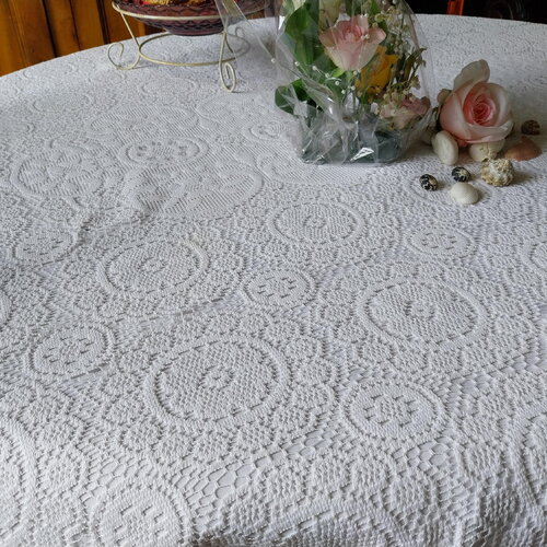 Nappe vintage année 60 coton blanc occasion-joli centre de table ferme champétre-nappe artisanal-textile pour recyclage boho-tissu couture