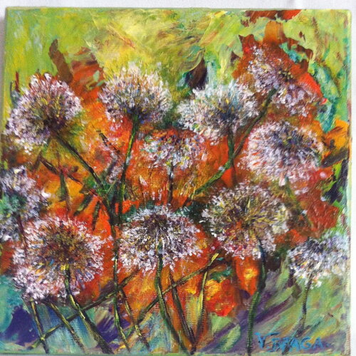 Peinture fleurs sauvages blanches acrylique sur toile original-peinture fleur pissenlit des champs-décor champétre atelier-cadeau petit art