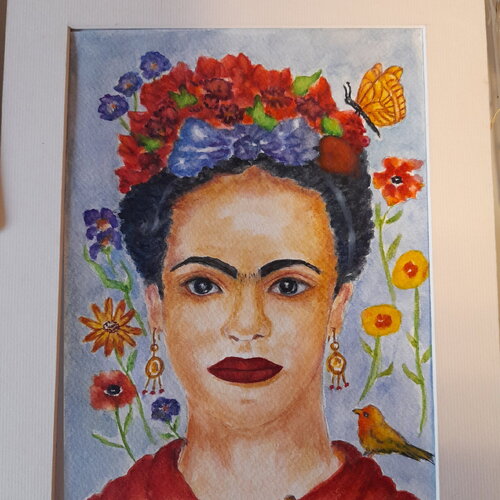 Peinture frida kalho portrait aquarelle impression original sur papier certifié-papillon fleur oiseau-art mural crémaillére-art cadeau maman