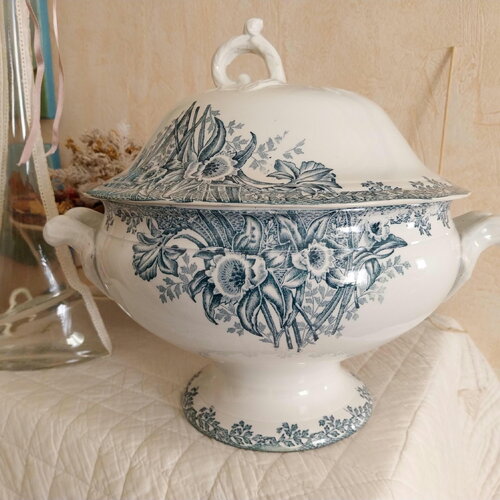 Soupière vintage terre de fer salins marie-louise-superbe années 30 aucun défaut-manufacture original-couvercle exquis-fleur narcisse bleu