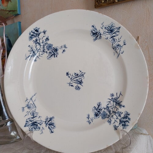 Plat légumier service vintage rond faience terre de fer-stamand-fleurs iris-années 1920-brocante-décor cuisine champêtre