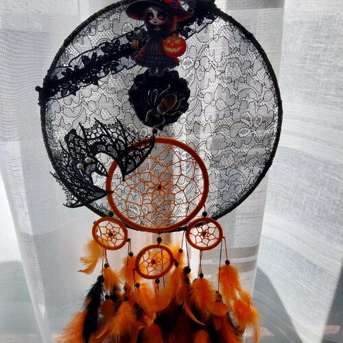 Halloween décor dentelle gothique noir orange chauve-souris insecte éffrayant fait main-décor dreamcatcher halloween