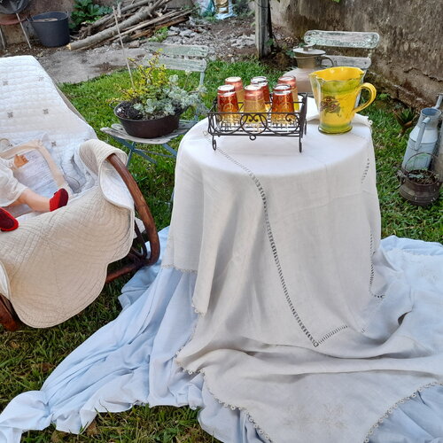 Nappe vieux linge millesime naturel crû chanvre autentique an 1910-tradition broderie unique-nappe champetre jardin cérèmonie