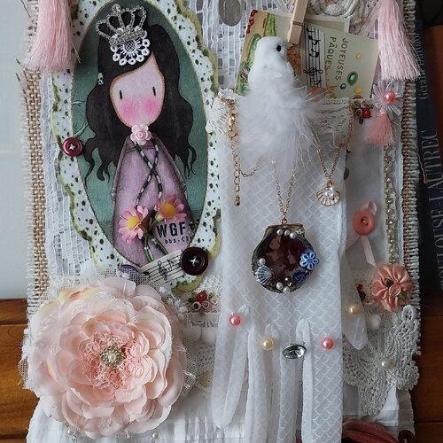 Organisateur poche à secrets shabby chic victorien-accessoire rangement-art textile vintage recyclé-suspension romantic fait main