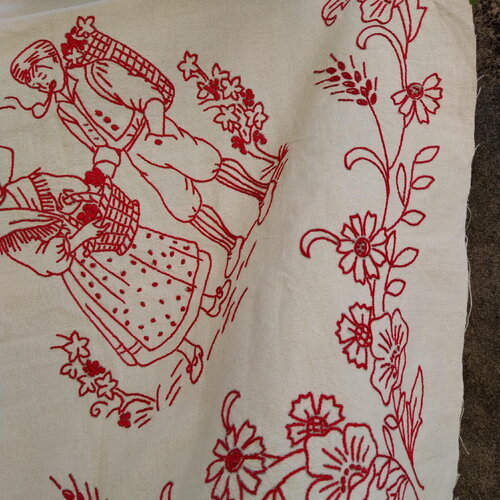 Housse coussin rare lin métis brodé main tissu art textile superbe housse fauteuil-couture recyclé-ferme champetre-coquelicots-blé-danseurs