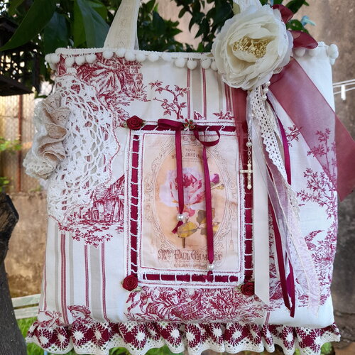 Sac toile de jouy shabby blanc rouge dentelle crochet romantic chic fait main-art sac victorien-sac de fée invitée demoiselle dhonneur