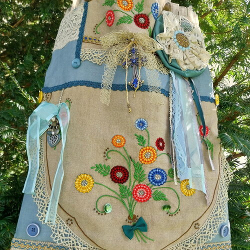 Sac fourre-tout boho dentelle napperon rare porté épaule sac hippie ooak festival brodé main-ornement recyclé-cadeau feminin pur lin bleu