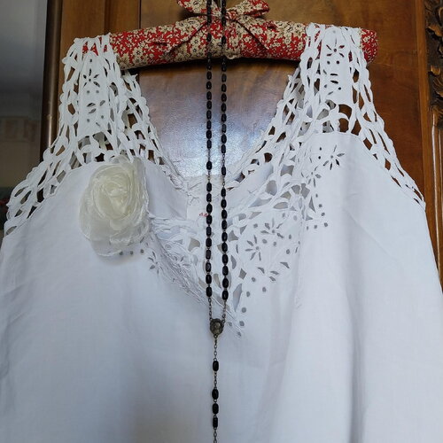 Ancienne robe nuit lingerie prestige millesime français 1900-30 pur lin-robe bretelles brodées monogramme mc-dècor boudoir-cadeau fèminin