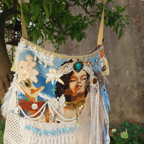 Sac boho hippie dentelle vintage caneva brodé recyclé lambeau festival de plage porté épaule devant dos-art de sac original fait main femme