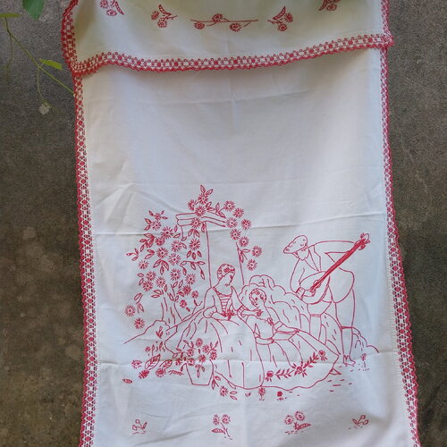 Rideau café français rare brodé main blanc/rouge occasion-habillage fenètre-brisebise cantonnière décor ferme champêtre-cadeau utile maman