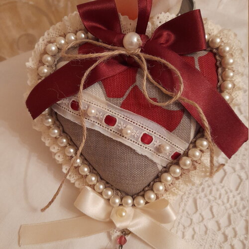 Coeur st valentin shabby perles verre-ornement de porte parfum lavande de mon jardin-double dentelle cousue main-décor ferme campagne