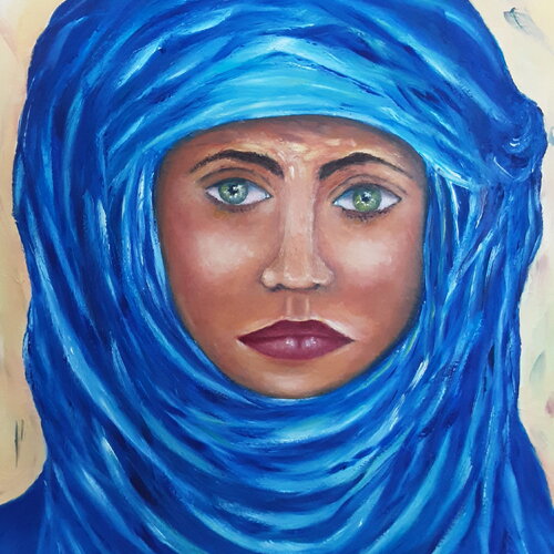 Peinture femme ethnique huile sur toile-femme métissée yeux clairs-touareg occidental voile bleu-art unique cadeau original crémaillère