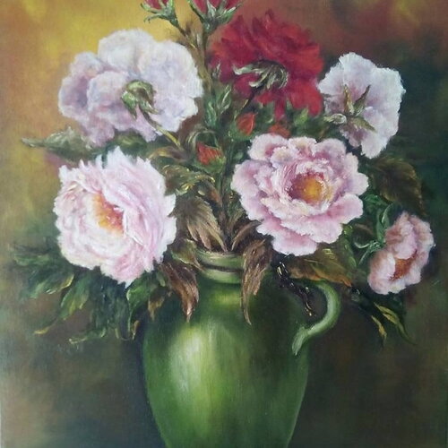 Peinture roses huile sur toile-art peinture roriginal rose ancienne de mon jardin-décor art floral impressionnisme-cadeau décor intérieur