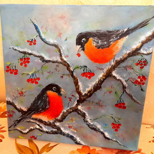 Tableau oiseaux sur branche enneigé