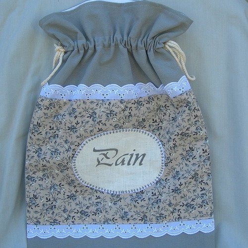 Sac pochon pain en coton et petites fleurs avec inscription peinte main