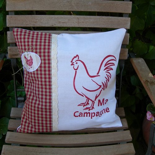 Coussin déhoussable campagne chic toile ancienne et poule peinte main