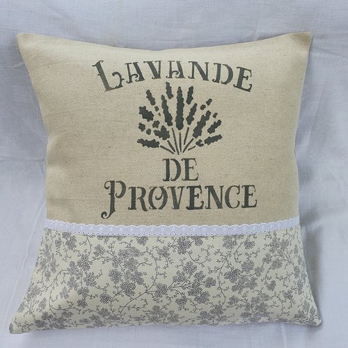 Coussin décoratif déhoussable coton et lin peint main lavande de provence