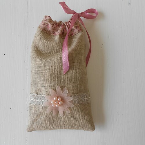 Pochon lin 10cmx16cm coloris taupe/beige/vieux rose  pochette à couverts / à maquillage / téléphone portable / cadeau invités