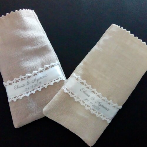 Pochon en toile 100% lin avec un ruban cousu personnalisé - esprit chic et sobre - cadeau invités pour mariage