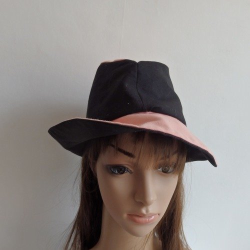 Chapeau type borsalino en coton pour femme  rose et noir