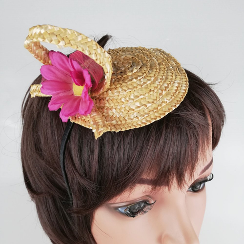 Bibi de paille ancienne cousu main monté sur serre tête avec fleur en tissu