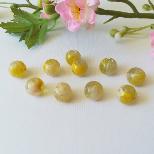 Perles en verre 10 mm jaune taches beiges x 10