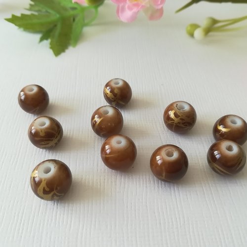 Perles en verre 10 mm marron tréfilé doré x 10