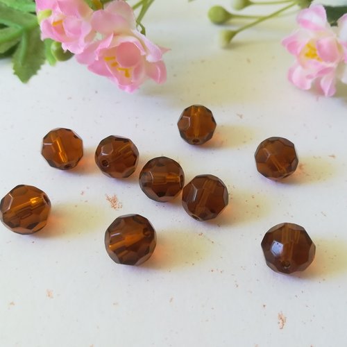 Perles en verre 10 mm ronde à facette marron x 10