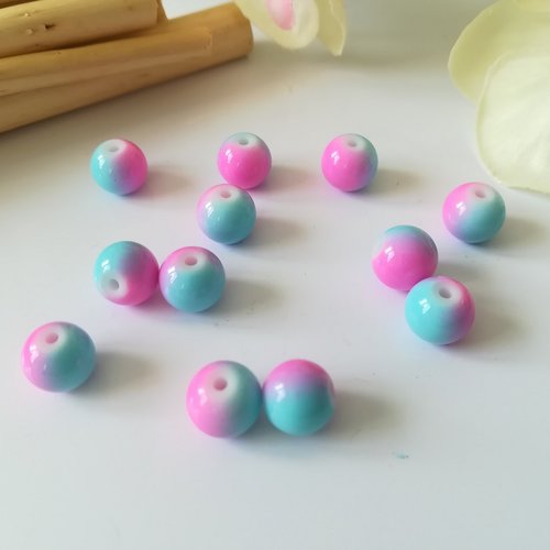 Perles en verre 8 mm bicolore bleu et rose x 20