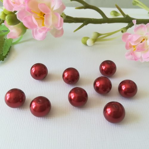 Perles en verre nacrées 10 mm rouge bordeaux x 10