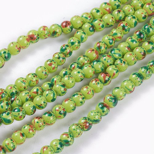 Perles en verre 4 mm vert clair taches multicolores x 50