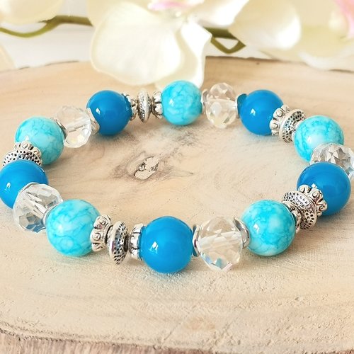 Kit bracelet fil élastique perles en verre bleues et cristal