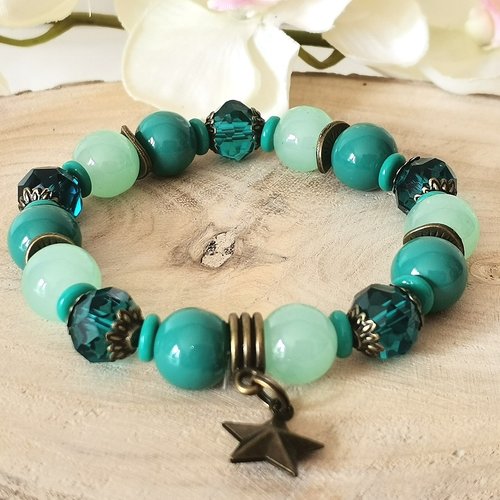 Kit bracelet fil élastique perles en verre verte et turquoise