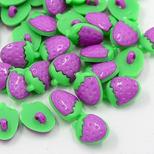 Boutons acrylique fraise violet et vert x 10