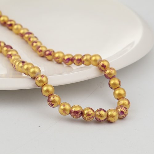 Perles en verre 8 mm doré et mauve x 10