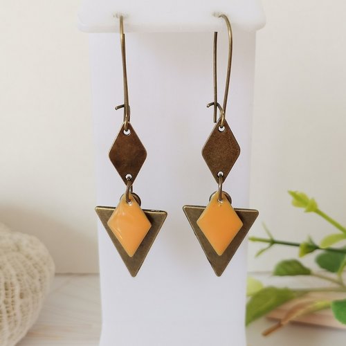 Kit boucles d'oreilles pendentif triangle bronze et orange