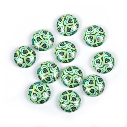 Cabochons en verre 12 mm rond motif vert x 5
