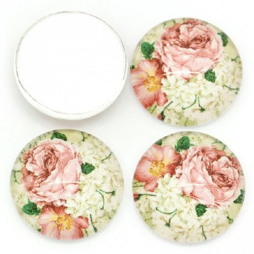 Cabochons en verre 16 mm motif fleurs roses x 2