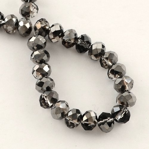 Perles en verre à facette 8 x 6 mm noir et cristal x 20
