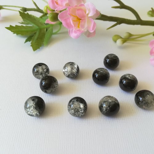 Perles en verre craquelé 10 mm noire et cristal x 10