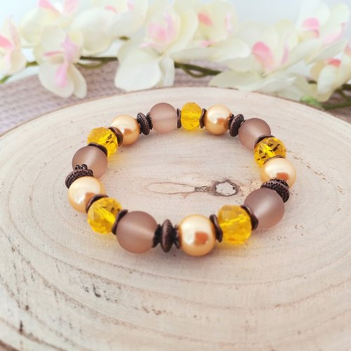 Kit bracelet fil élastique et perles en verre jaune et marron - Un