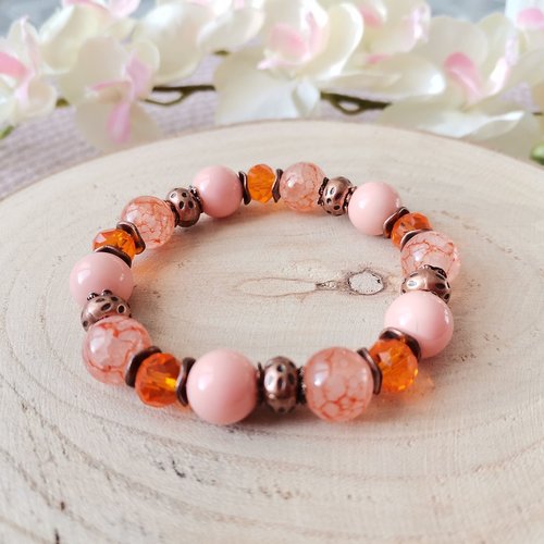 Kit bracelet fil élastique et perles en verre rose et orange